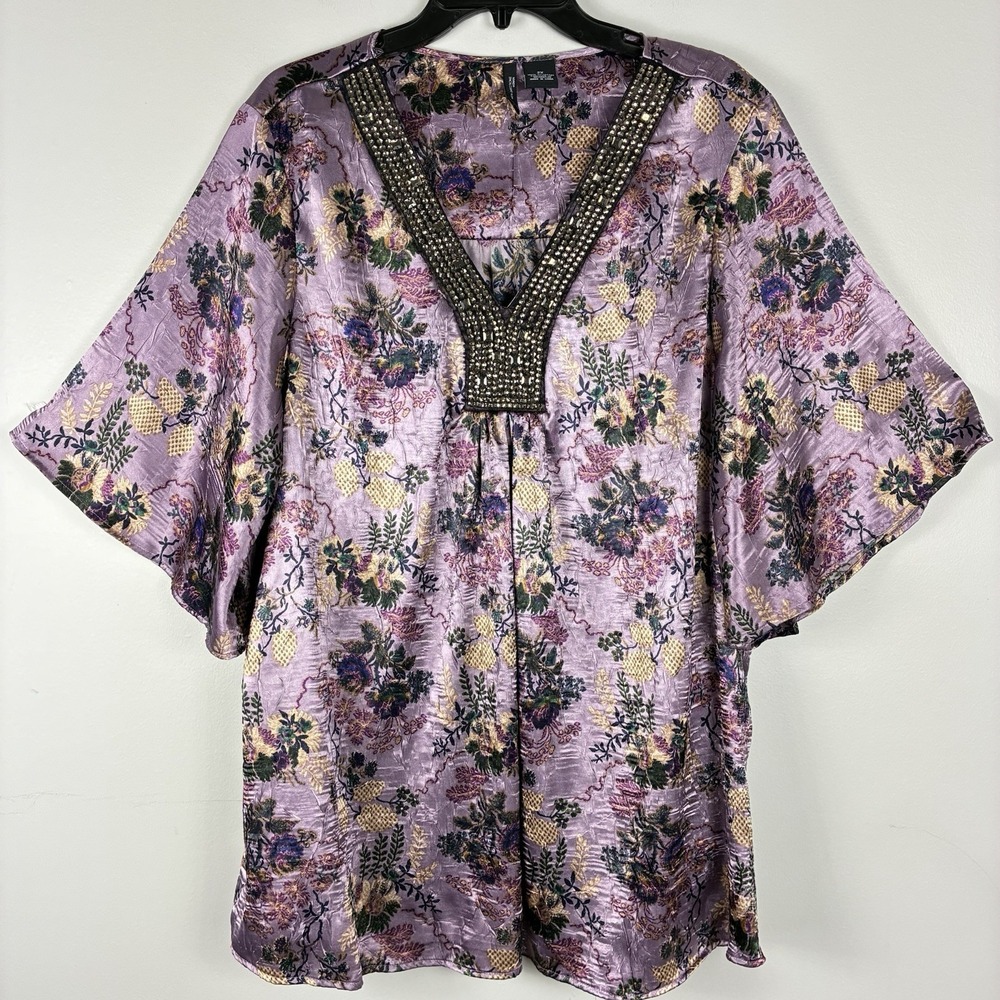New Directions Kimono Boho Tunic Top 2X Plus Size Floral Purple